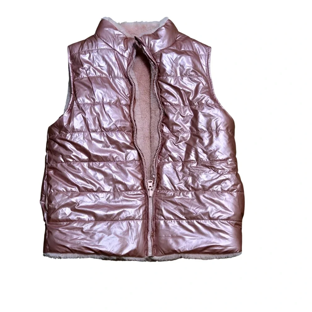 Derek Heart Girl Rose Gold Metallic Reversible Faux Fur Puffer Vest Size 10/12